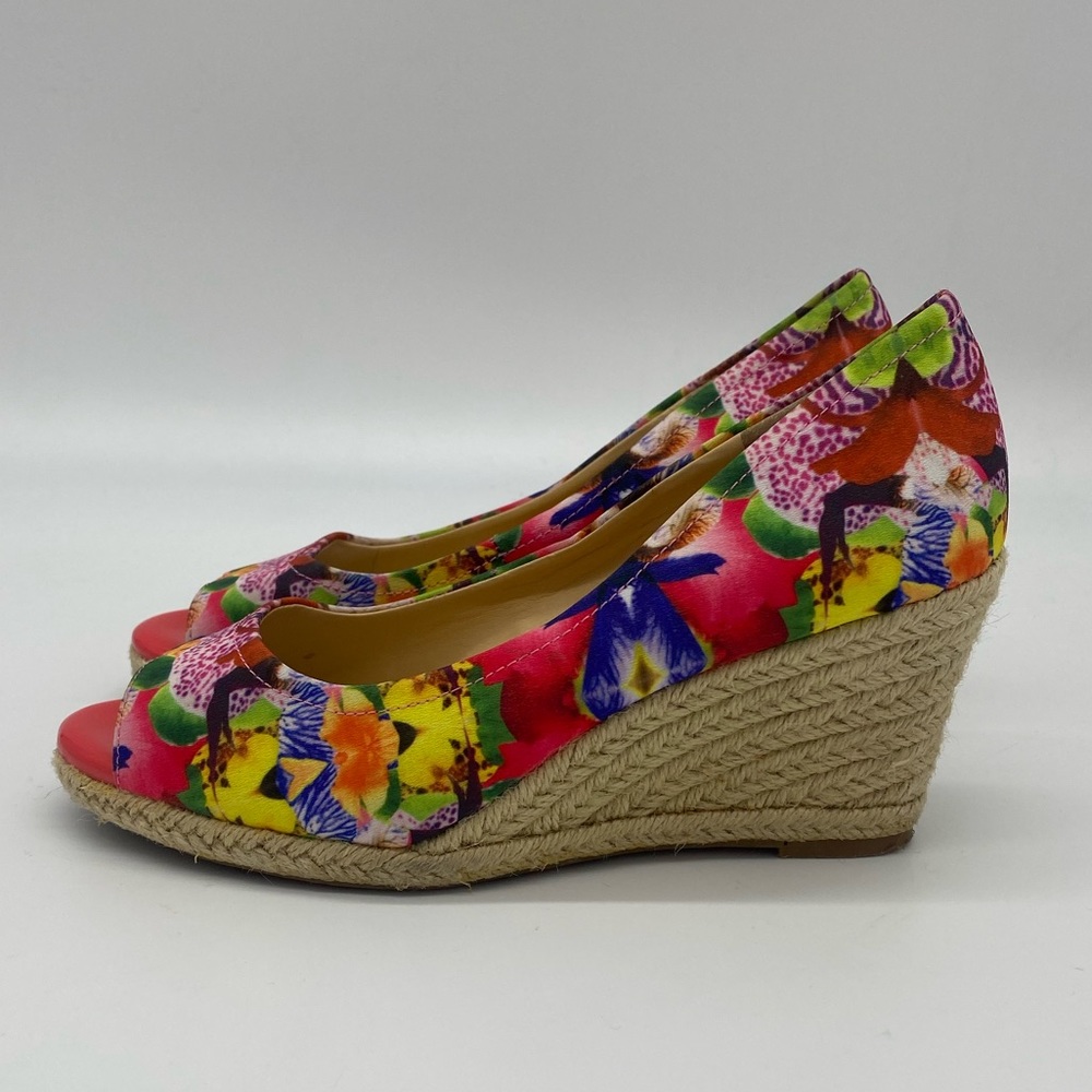 Alex Marie Red Floral Open Toe Espadrille Wedge Shoes